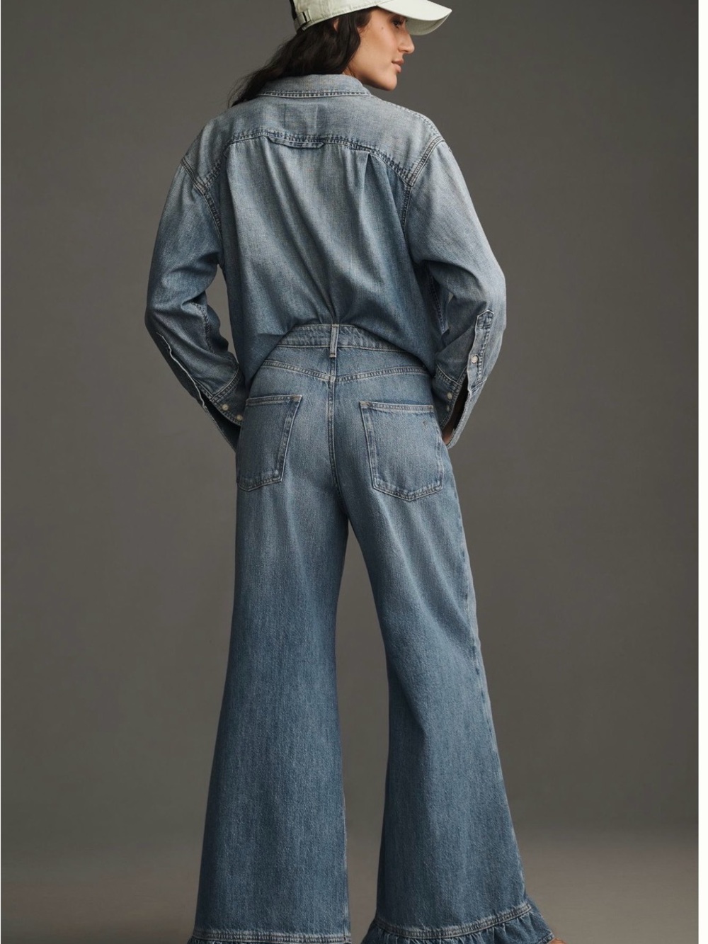 Pilcro Solene High Rise Wide Leg Ruffle Flare Blue Denim Jeans Size 30 Tall - Picture 2 of 5